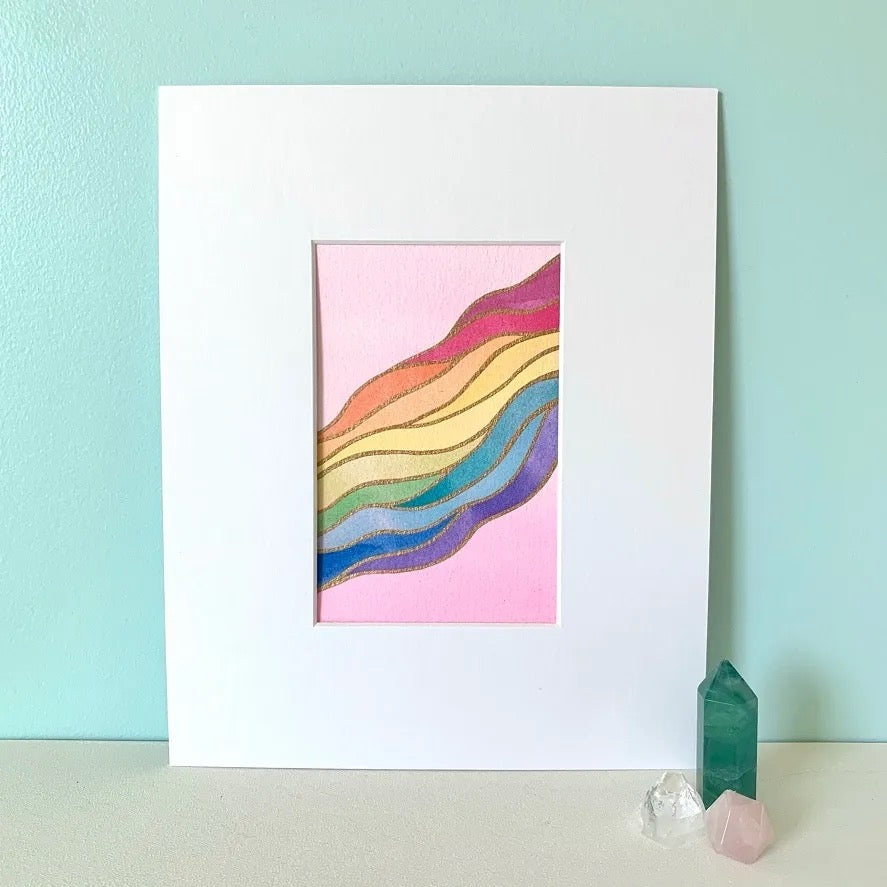 rainbow gradient topography painting on a pink background by artist, Camille Gerrick