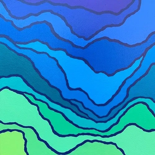 cool tone detail of rainbow gradient topography painting by artist, Camille Gerrick