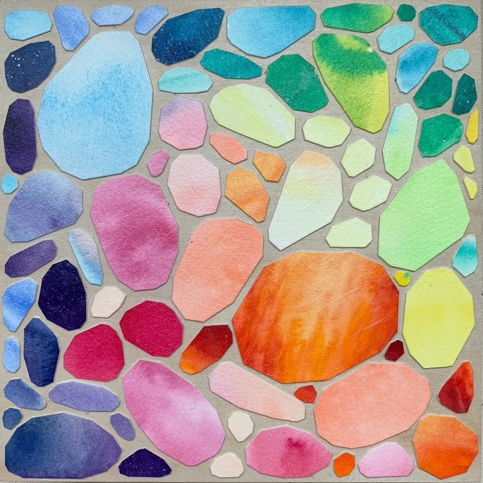 rainbow river rock collage-style painting by Artist, Camille Gerrick