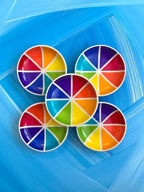 Group of 5 color wheel rainbow trinket dishes made by Camille Gerrick